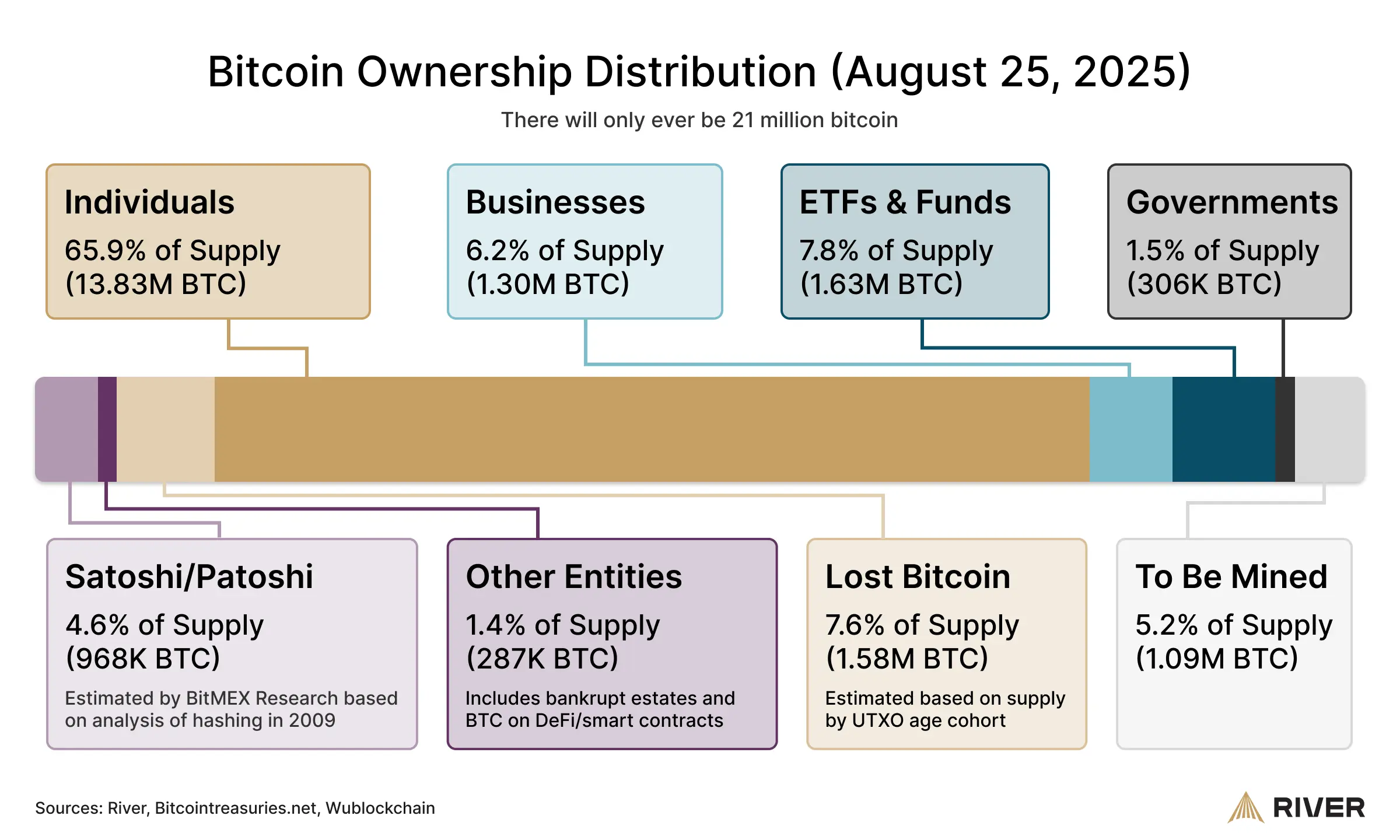 A chart showing the distribution of Bitcoin ownership among individuals, businesses, funds/ETFs, governments, Satoshi, lost BTC, and to be mined.