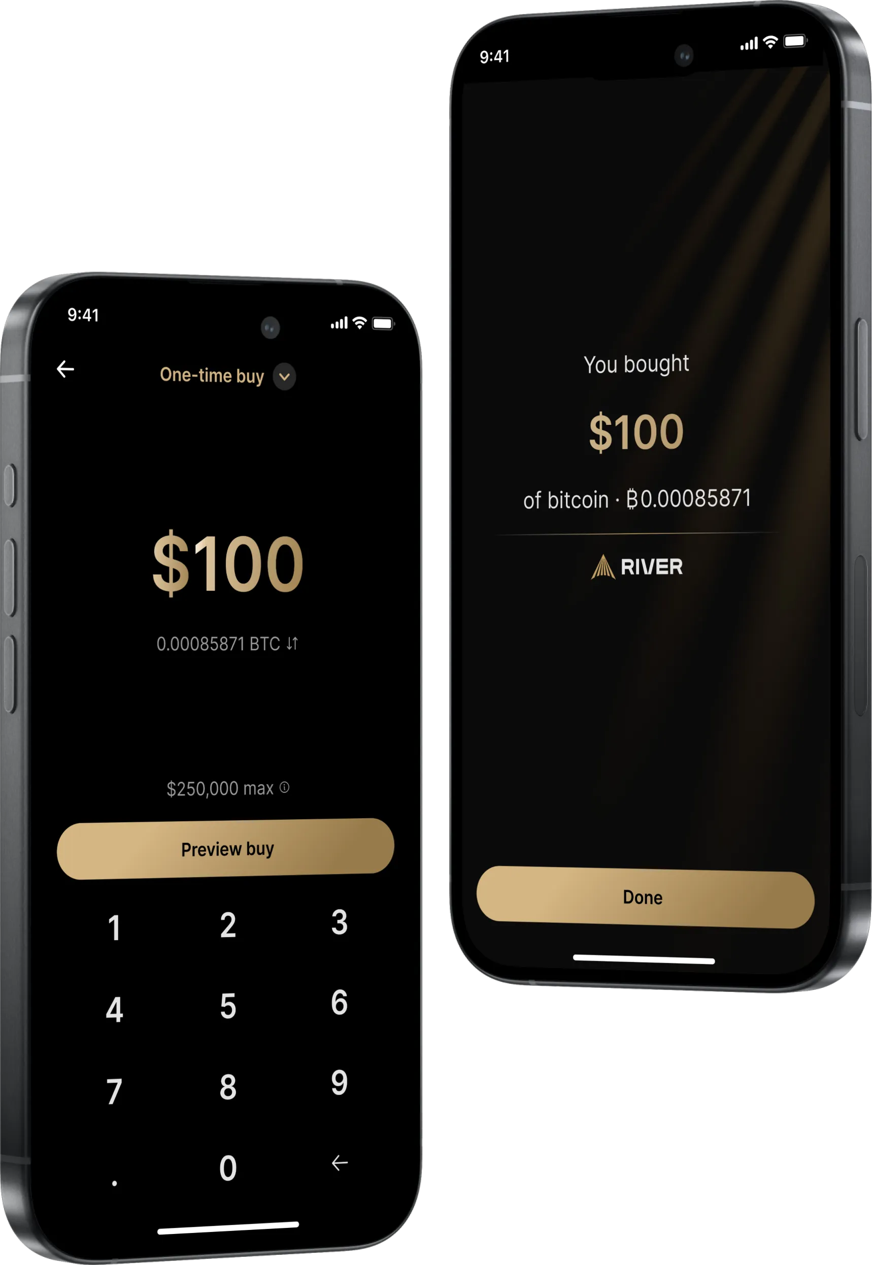 Mobile interface showing River's Bitcoin buying process